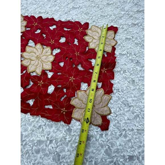 Christmas Flower Rectangular Embroidered Table Runner Red Gold Flower 68x12 - Picture 8 of 9